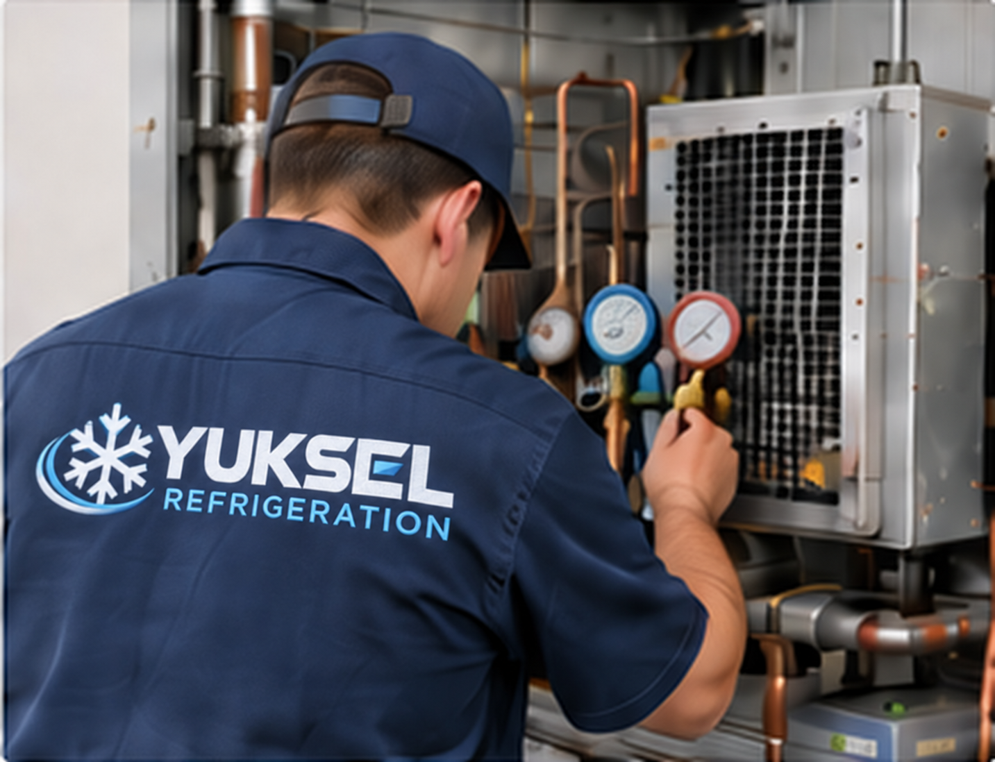 Yuksel Refrigeration technician servicing commercial refrigeration equipment